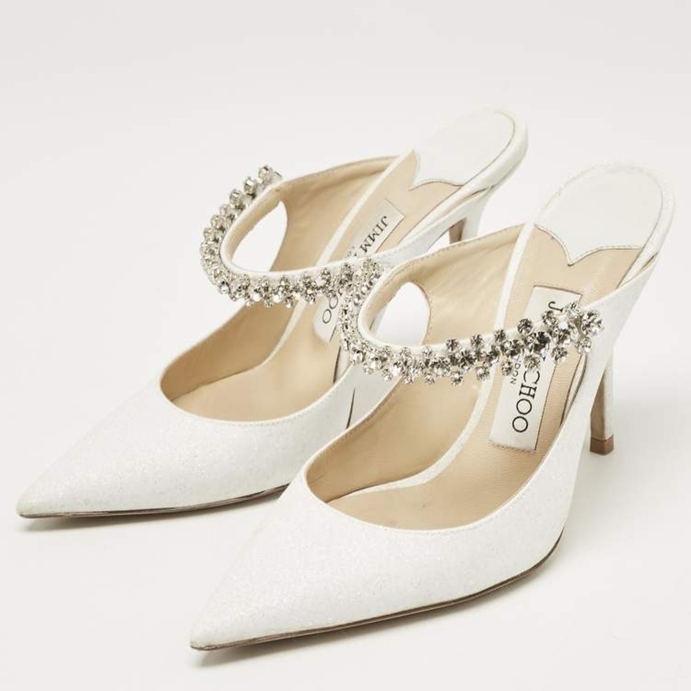 Jimmy Choo Bing 100 White Crystal-Strap Pointed Toe Mules